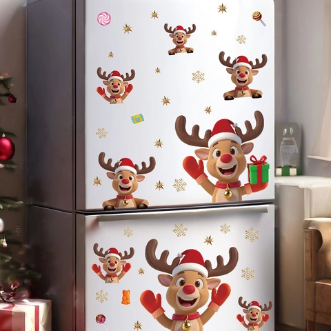 Adesivi per Finestre di Natale Cartone Animato Renna Fiocco di Neve Stella PVC Parete Vetro Frigorifero Festival Casa Festa Decorazione