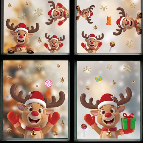Adesivi per Finestre di Natale Cartone Animato Renna Fiocco di Neve Stella PVC Parete Vetro Frigorifero Festival Casa Festa Decorazione