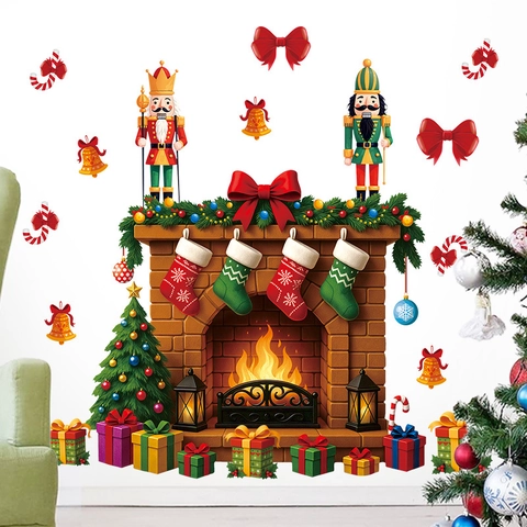 Adhesivo de Pared de Navidad PVC Autoadhesivo Chimenea Cascanueces Soldado Caja de Regalo Árbol de Navidad Decoración Hogar