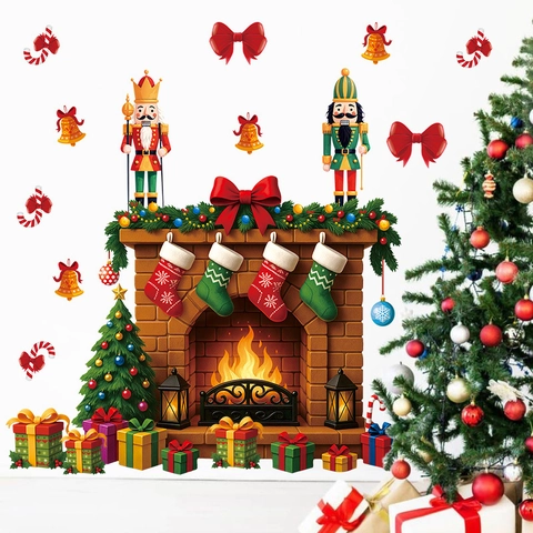 Adhesivo de Pared de Navidad PVC Autoadhesivo Chimenea Cascanueces Soldado Caja de Regalo Árbol de Navidad Decoración Hogar