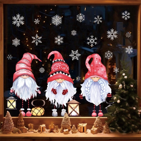 Navidad Gnomo Pegatinas De Ventana Aherencia Estática Copo De Nieve Vidrio Nórdico Decoración Hogar Xmas Película Ventana