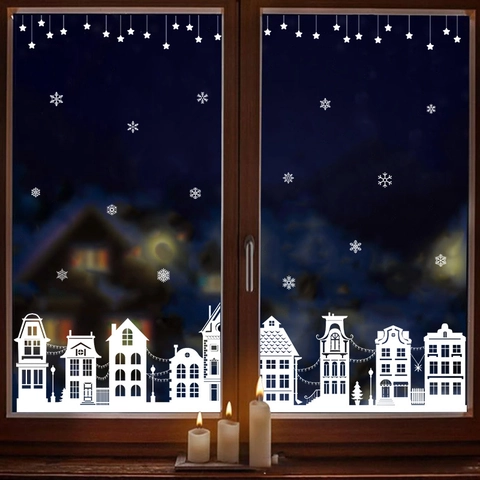 Witte Kerst Vensterstickers Statische PVC Sneeuwvlok Huis Silhouet Stickers Winter Vakantie Glas Etalage Decor