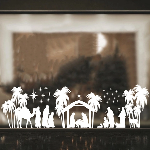 Weiße Krippenszene Statische Fensteraufkleber Weihnachten Stern Silhouette PVC Abziehbilder Für Heim Shop Glasdekoration Urlaub