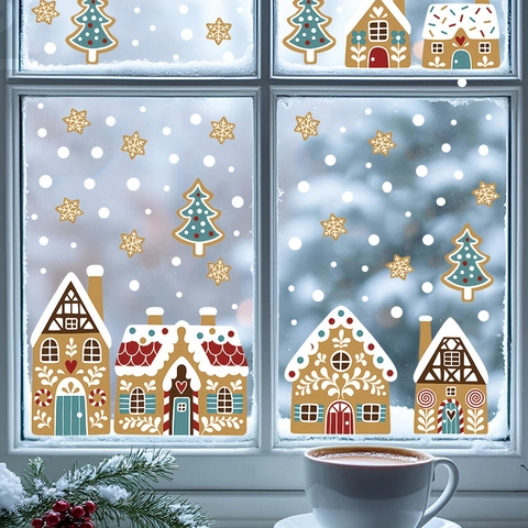 Kerst Peperkoekman Raamstickers Statisch Klevend Peperkoekhuis Sneeuwvlokken PVC Feestelijke Glas Decoratie