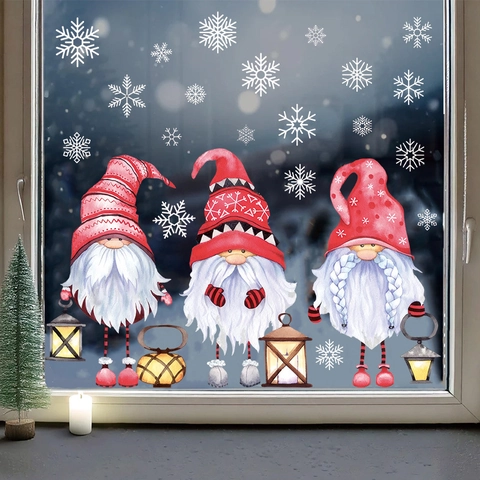 Navidad Gnomo Pegatinas De Ventana Aherencia Estática Copo De Nieve Vidrio Nórdico Decoración Hogar Xmas Película Ventana