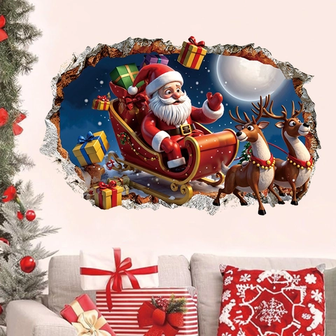 3D Kerstmis Gebroken Muur Sticker Kerstman Slee Rendier Maan PVC Zelfklevend Feestelijk Huis Decoratie Muurschildering