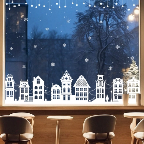 Witte Kerst Vensterstickers Statische PVC Sneeuwvlok Huis Silhouet Stickers Winter Vakantie Glas Etalage Decor