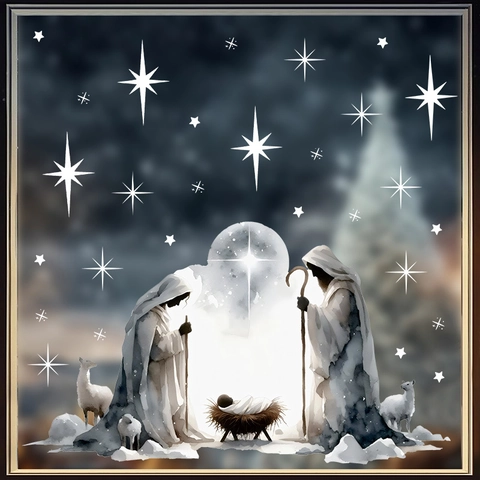 Χριστουγεννιάτικα Αυτοκόλλητα Παραθύρου Γέννηση PVC Στατικά Λευκή Σιλουέτα Μαρία Ιωσήφ Θείο Βρέφος Αστέρι Διακόσμηση Τζαμιού
