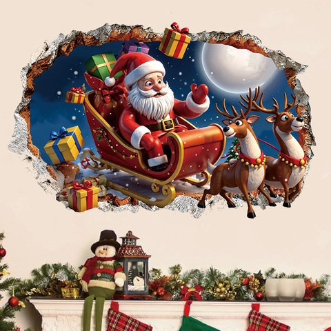 3D Kerstmis Gebroken Muur Sticker Kerstman Slee Rendier Maan PVC Zelfklevend Feestelijk Huis Decoratie Muurschildering
