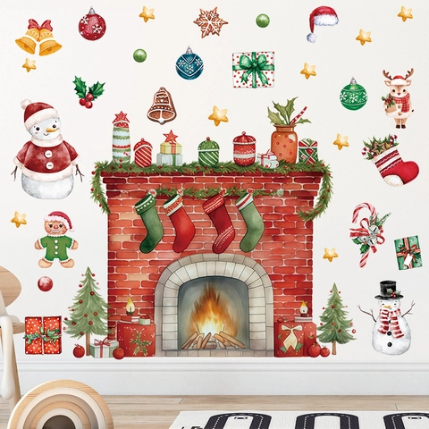 Autocollants Muraux Cheminée Aquarelle de Noël PVC Imperméable Bonhomme de Neige Casse-Noisette Décalcomanies pour Décoration Maison