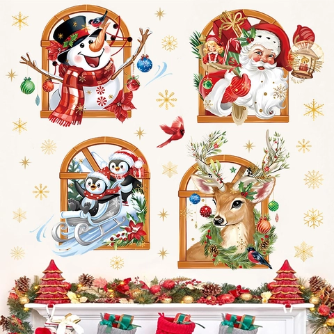 Pegatinas de Ventana de Navidad 3D Papá Noel Pingüino Muñeco de Nieve Renno Patrón PVC Calcomanía para Decoración del Hogar