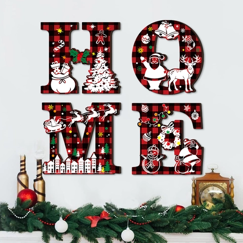 Christmas Wooden HOME Letter Wall Decor Poplar Wood Buffalo Plaid Hanging Sign For Living Room Door Festive Ornament