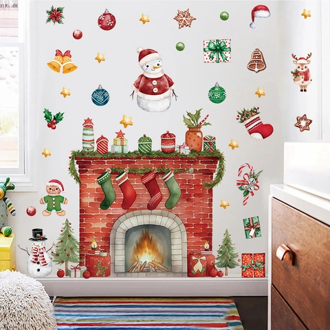 Autocollants Muraux Cheminée Aquarelle de Noël PVC Imperméable Bonhomme de Neige Casse-Noisette Décalcomanies pour Décoration Maison