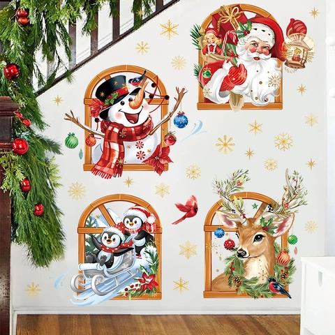 Pegatinas de Ventana de Navidad 3D Papá Noel Pingüino Muñeco de Nieve Renno Patrón PVC Calcomanía para Decoración del Hogar