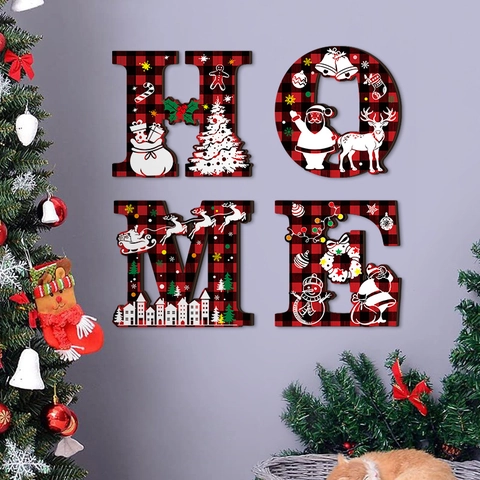 Christmas Wooden HOME Letter Wall Decor Poplar Wood Buffalo Plaid Hanging Sign For Living Room Door Festive Ornament