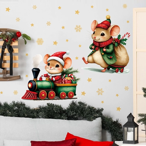 Sticker Mural Noël Souris Train en PVC Imperméable Autocollant Amovible pour Chambre d'Enfant Décoration