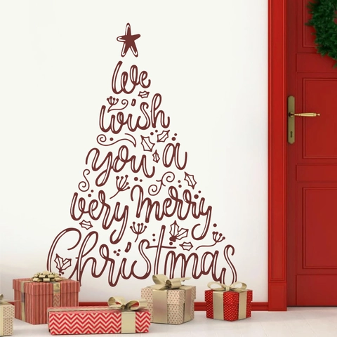 Weihnachten Wandaufkleber PVC Selbstklebend Merry Christmas Baum Schriftzug Fensteraufkleber Für Zuhause Party Dekoration Rot