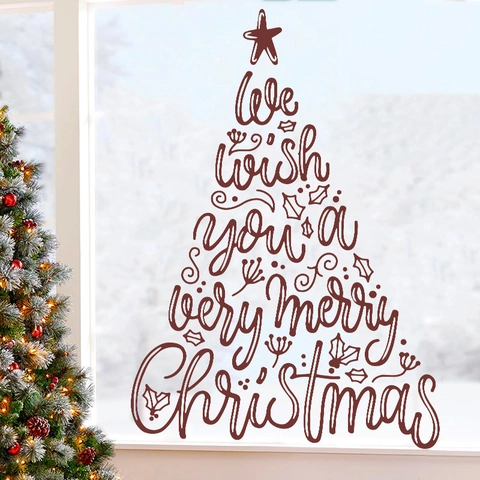 Weihnachten Wandaufkleber PVC Selbstklebend Merry Christmas Baum Schriftzug Fensteraufkleber Für Zuhause Party Dekoration Rot
