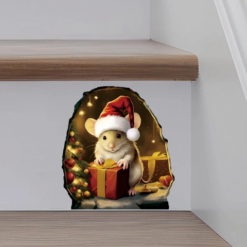 3D Mäuseloch Weihnachten Wandaufkleber PVC Selbstklebend Cartoon Tier Aufkleber Mit Weihnachtsmütze Baum Für Haus Dekoration