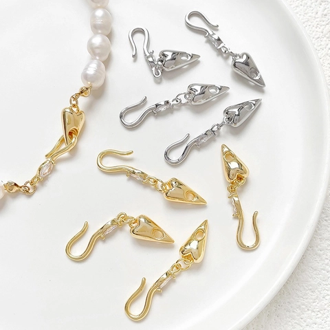 Copper 14K Gold Plated Rhinestone Heart Fish Hook Clasp Jewelry Connector Buckle For DIY Necklace Bracelet Making Finding