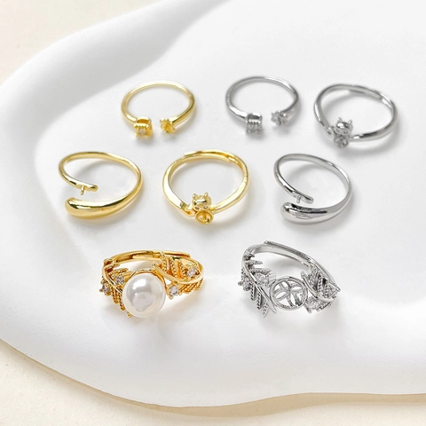DIY Copper 14k Gold Plated Adjustable Open Ring Setting Base For Artificial Pearl Zirconia Leaf Cat Floral Jewelry Making Accessory