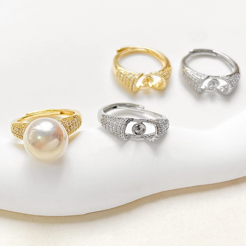 Copper 18k Gold Plated Zircon Adjustable Ring Setting Base For Artificial Pearl DIY Jewelry Making Micro Pave Cubic Zirconia Ring
