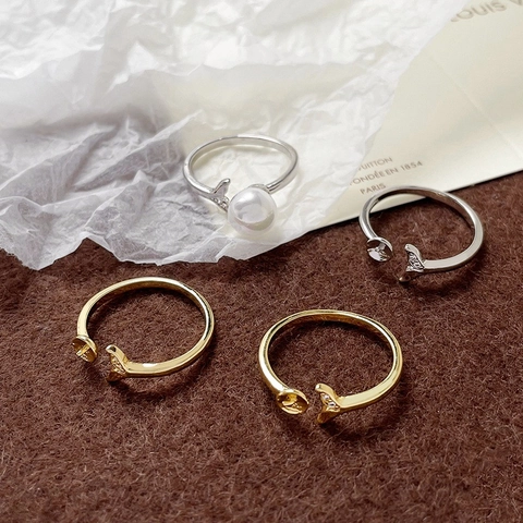 Mermaid Tail Adjustable Open Ring Setting 14k Gold Plated Copper Artificial Pearl Base DIY Jewelry Finding Ring Component For Women