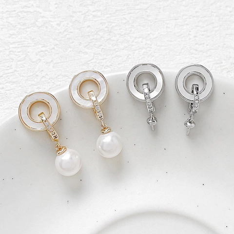 18K Gold Plated Copper Round Mother Of Artificial Pearl DIY Earring Findings With 925 Sterling Silver Earring Post Zirconia Jewelry