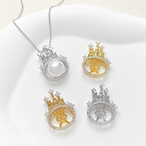 Ciondolo con Castone per Perla a Forma di Corona in Zirconia Oro Accessori per Creazione Gioielli Fai-da-te Ciondolo Castello