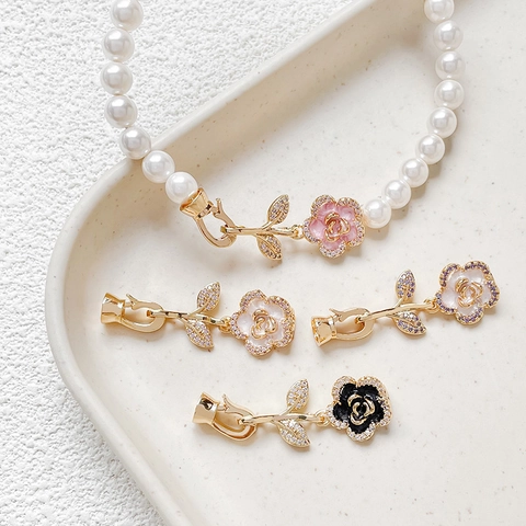 18k Gold Plated Copper Camellia Flower Connector Clasp With Rhinestone Enamel Artificial Pearl For DIY Jewelry Making