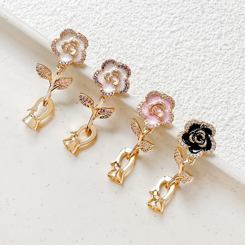 18k Gold Plated Copper Camellia Flower Connector Clasp With Rhinestone Enamel Artificial Pearl For DIY Jewelry Making