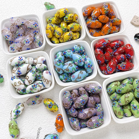 Perle in Vetro Lampwork Floreali Vintage Dipinte a Mano Perline Distanziatrici Ovali Dorate per Creazione Gioielli Fai da Te Accessori
