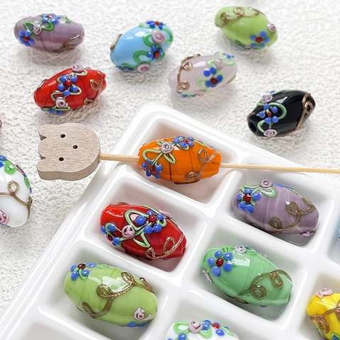 Perle in Vetro Lampwork Floreali Vintage Dipinte a Mano Perline Distanziatrici Ovali Dorate per Creazione Gioielli Fai da Te Accessori