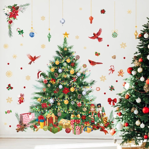 Pegatinas de Pared de Árbol de Navidad PVC Autoadhesivas Calcomanías de Ventana Con Cascanueces Copo de Nieve Decoración del Hogar