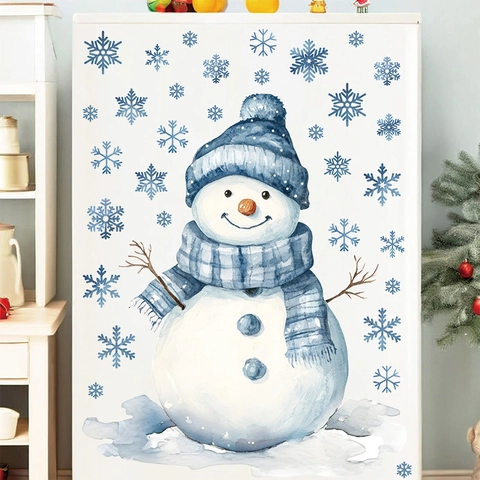 Weihnachten Schneemann Schneeflocke Wandtattoo Blau Aquarell PVC Wasserdicht Fensteraufkleber Kühlschrank Deko Home Accessoire