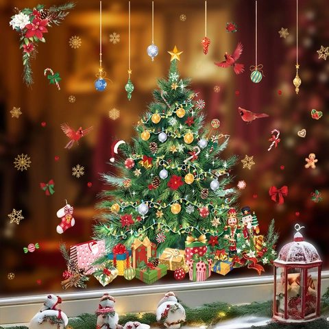 Pegatinas de Pared de Árbol de Navidad PVC Autoadhesivas Calcomanías de Ventana Con Cascanueces Copo de Nieve Decoración del Hogar