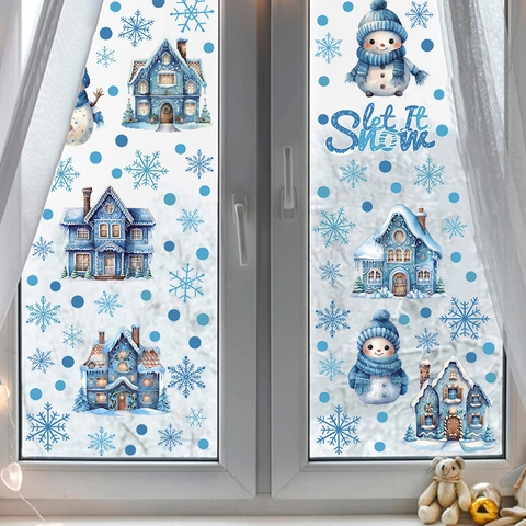 Navidad Lindas Pegatinas de Ventana Muñeco de Nieve Copo de Nieve Casa de Invierno PVC Calcomanías Estáticas Vidrio Decoración