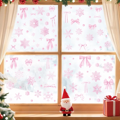 Roze Aquarel Kerst Raamstickers Sneeuwvlok Strik Decoratieve Muurstickers Voor Glazen Ramen Huis Decoratie