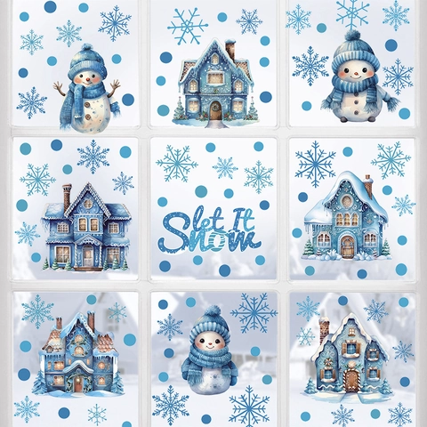 Navidad Lindas Pegatinas de Ventana Muñeco de Nieve Copo de Nieve Casa de Invierno PVC Calcomanías Estáticas Vidrio Decoración