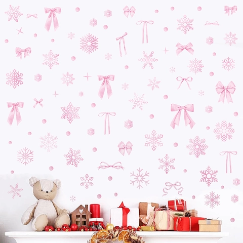Roze Aquarel Kerst Raamstickers Sneeuwvlok Strik Decoratieve Muurstickers Voor Glazen Ramen Huis Decoratie