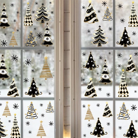 Gold Weihnachtsbaum Fensteraufkleber Statische Schneeflocken PVC Weihnachtsdekoration Für Glastür Kühlschrank Haus Dekor