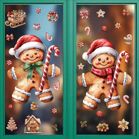 Christmas Gingerbread Man Window Clings Candy House Festive Party PVC Static Stickers For Glass Decor Christmas Decorations