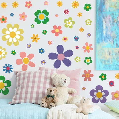 Bohemian Colorful Daisy Flower Wall Stickers For Kids Room Decor PVC Self Adhesive Floral Decals For Bedroom Living Room
