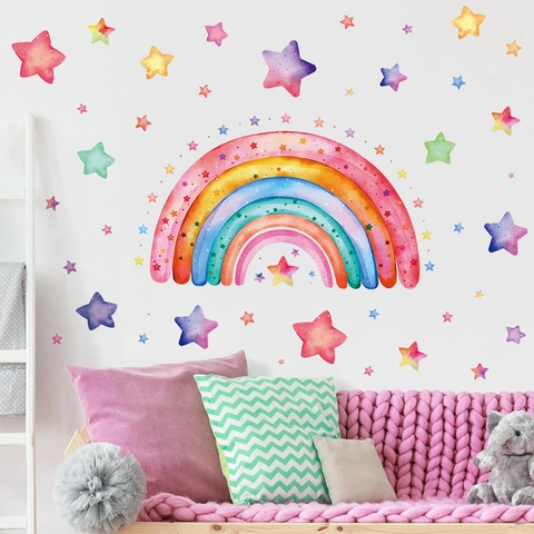 Bohemian Watercolor Rainbow Stars Wall Sticker For Kids Bedroom PVC Self Adhesive Waterproof Removable Nursery Wall Decal Home Decor