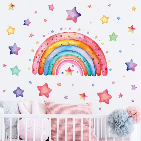 Bohemian Watercolor Rainbow Stars Wall Sticker For Kids Bedroom PVC Self Adhesive Waterproof Removable Nursery Wall Decal Home Decor