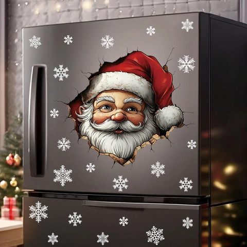 Weihnachten Weihnachtsmann Wandaufkleber PVC Selbstklebend 3D Broken Wall Effekt Schneeflocken Kühlschrank Dekor Party Home