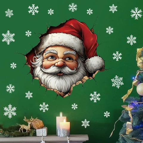 Weihnachten Weihnachtsmann Wandaufkleber PVC Selbstklebend 3D Broken Wall Effekt Schneeflocken Kühlschrank Dekor Party Home