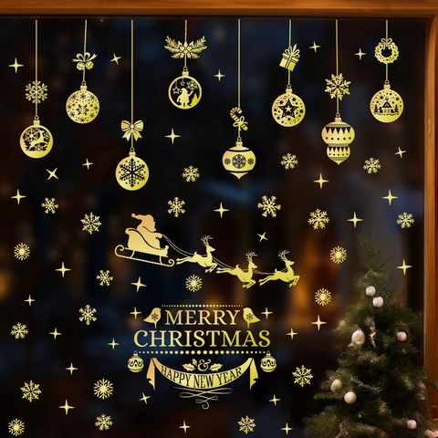 Pegatina de Ventana Merry Christmas Dorado Reno Copo de Nieve Papá Noel PVC Autoadhesiva Calcomanía de Pared de Vidrio Para Decoración Festiva