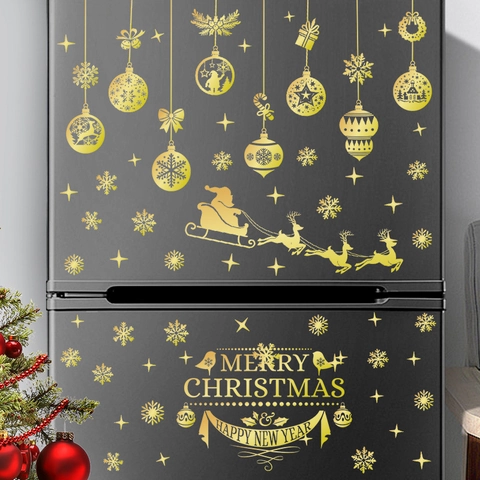 Pegatina de Ventana Merry Christmas Dorado Reno Copo de Nieve Papá Noel PVC Autoadhesiva Calcomanía de Pared de Vidrio Para Decoración Festiva