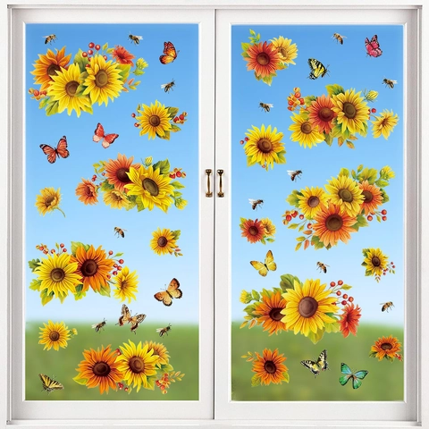 Bedruckt Sonnenblumen Schmetterling Biene Fensterfolie Statische PVC Aufkleber Glas Wohnzimmer Schlafzimmer Home Dekoration Floral Muster
